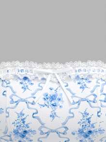 SHEIN MOD Blouse romantique et mignonne pour femme avec motif en porcelaine bleu et blanc, garniture en dentelle et décoration de nœud