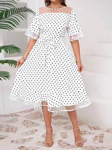 SHEIN Clasi Plus Size Mesh Patchwork Round Neck Short Sleeve Casual Dress - White - View 6