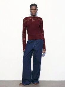 Maija Spring And Summer New Urban Modern Elegant Burgundy Hollow Crochet Texture Flower Women's Woolen Sweater Top Suitable For Daily Casual Outings Holiday Festival Party 90s Women's Clothing Retro Old Money Bohemian Music Festival