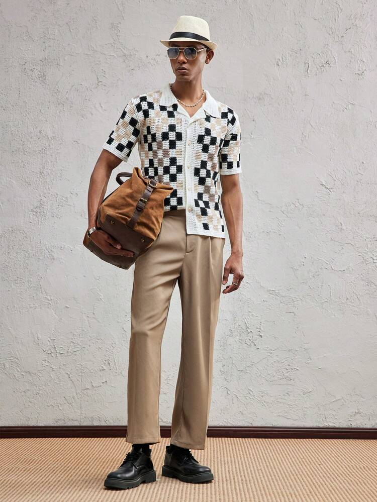 Men's Crochet Checkered Contrast Color Loose Drop Shoulder Hawaiian Collar Casual Knit Shirt, Black & White, Apricot, Suitable For Spring/Summer