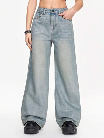 بنطلون جينز نسائي بأزرار وجيوب أمامية ، قصة فضفاضة ، للارتداء اليومي