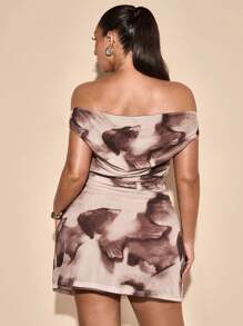 SHEIN BAE Plus Size Women Off Shoulder Tie Dye Ruched Mini Dress - Coffee Brown - View 6