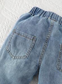 SHEIN Ramadan 2 stuks/set jonge meisjes polo kraag gebreide top met jacquard patroon & blauwe gewassen denim broek