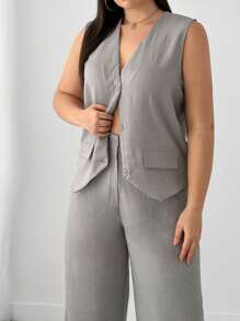 RueChic Plus Women's Solid Button Placket Tank Top & Wide Leg Pants - Grey - View 5