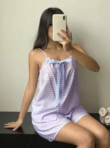DAZY 2 件套女士套装 - 条纹系带蝴蝶结装饰吊带背心和短裤睡衣 - 紫色 - 查看 5