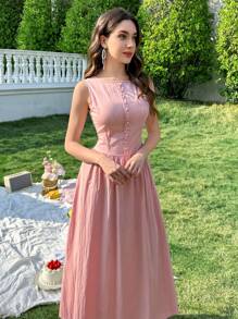 Modelyn Women's Solid Color Round Neck Sleeveless Front Button Simple Casual Dress - Pink - View 5