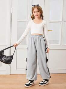 Tween Girls Grey Casual Sweatpants With Bow Ribbon Side Trim - Grey - View 4