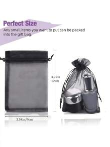 SHEIN 20/50/100 件 9cm * 12cm 黑色欧根纱珠宝包装袋，抽绳礼品袋，化妆品和护肤品旅行收纳袋，适用于婚礼派对、生日珠宝礼品袋 - 黑色 - 查看 2