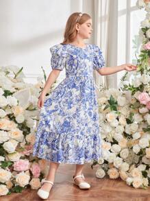 SHEIN Tween Girl Elegant Floral Print Ruffle Hem Short Sleeve Dress - Multicolor - View 4