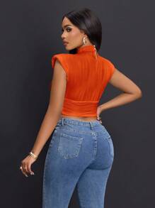SOLERSUN Blusa de tirantes elegante y de moda de color bliso sólido con cuello mao y pliegues para mujer