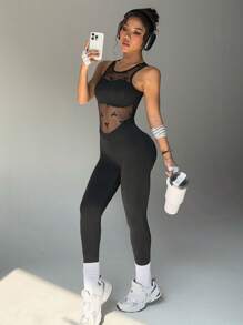 Slayoga Flickwerk Schleife Dekor Mesh ärmelloser rückenfreier Haken Verschluss Sport Jumpsuit