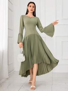 Modelyn Vestido largo elegante de mujer con manga acampanada y plisado en unicolor - Verde Oliva - Ver 4