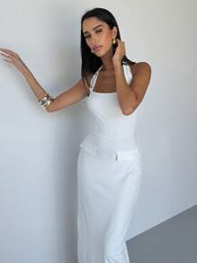 Aloruh 女士休闲日常装立领系带修身直筒长款白色连衣裙 - 白色 - 查看 6