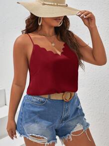 SHEIN Frenchy 大码女式纯色弧形下摆宽松吊带背心 - 紅色 - 查看 7