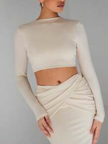 Glamine 两件套米色性感露背长袖褶饰套装，外出套装，节日派对服装，复活节套装，休闲套装，女士春季套装 - 米色 - 查看 7