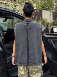 Muchica Camiseta polo de mujer de manga corta con botones delanteros, desgastada y lavada con ácido, de corte holgado - Negro - Ver 2