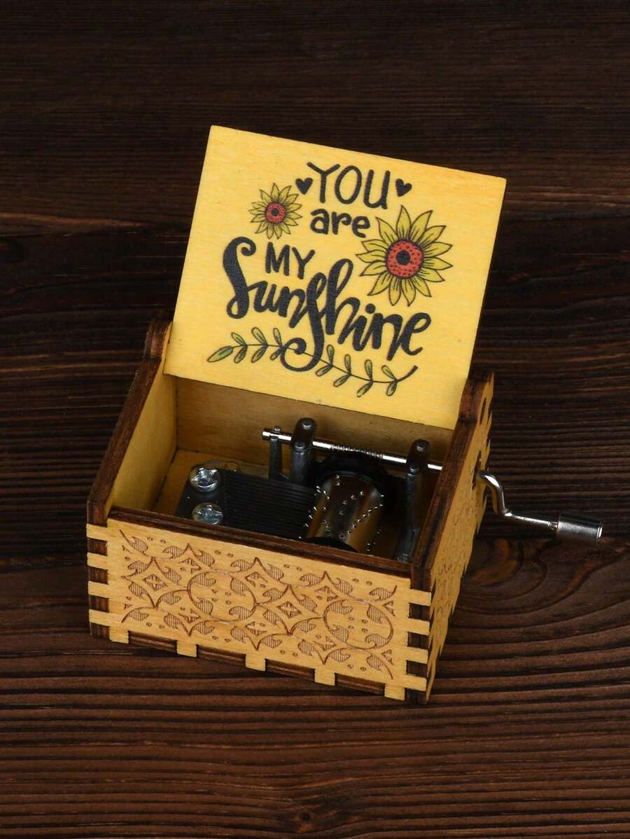 1pc Wooden Music Box, Modern Floral & Slogan Graphic Eight Tone Box For Home Best Gifts - Brown - View 1