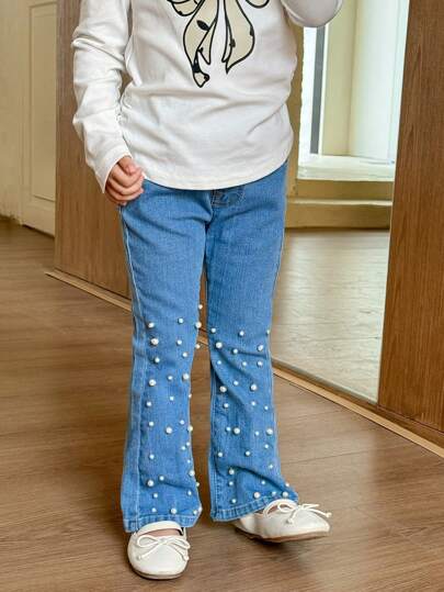 Young Girl Vintage Casual & Modest Floral Beaded Elastic Fitted Flare Leg Jeans With Pockets