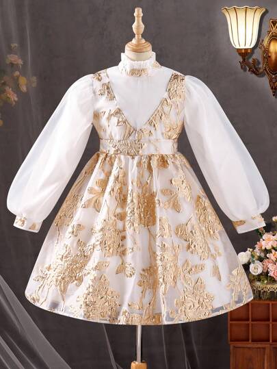 Tween Girl 提花 V 领欧根纱袖连衣裙，适合派对和场合穿着