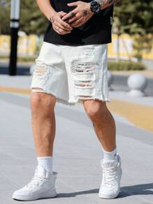 Manfinity Roghcode Shorts vaqueros de algodón para hombre, de corte holgado y con diseño desgarrado y de escalera - Beis - Ver 3