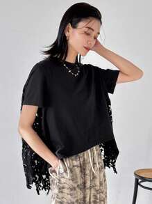 FRIFUL Women's Lace Patchwork T-Shirt With Back Design, Summer Wear Carnival - Black - View 4