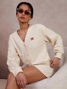 COSMINA 2pcs/Set Women Number Graphic Long Sleeve Button-Up Top And Mini Skirt - Beige - View 4