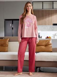 女士休闲字母印花睡衣套装 - 上衣和裤子