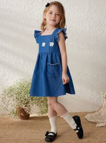 Blossori 年轻女孩优雅法式蓝色牛仔方领连衣裙，春夏 - 藍色 - 查看 1