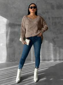 EURMUSE Plus Size Solid V-Neck Long Sleeve Casual Pullover Sweater - Beige - View 3