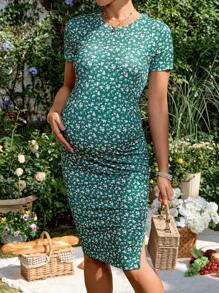 SHEIN Maternity Spring/Summer Solid Color Ruched Split Bodycon Dress Resort Dresses For Women  Maternity Dresses For Summer - Green - View 1