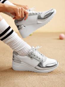 CUCCOO EASI Women's Fashion Lightweight Athletic Shoes, Hidden Wedge Heel, Versatile & Anti-Slip, Casual Sneakers Spring Shoes Spring Break Easter - Silver - View 3