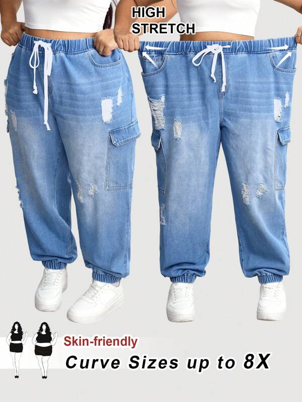 SHEIN CURVE+ Jeans mit Kordelzug, offenen Taschen und Seiteneinsätzen für Damen in Große Größen