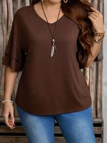EMERY ROSE Plus Size V-Neck Ruffle Sleeve Simple T-Shirt,Women Brown Summer Smart Casual Hiking Top,Country Fashionable Everyday Wear,Vacation Woman Spring - Coffee Brown - View 6