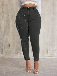 SHEIN SXY Pantalones vaqueros azules elásticos con decoración de perlas, para tallas grandes