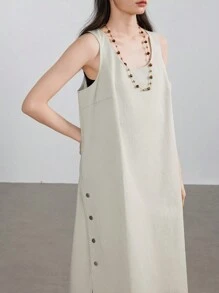 DAZY Casual Loose Straight High-Slit Button Decorative Mid-Length Dress Old Money Style Summer - Beige - View 7