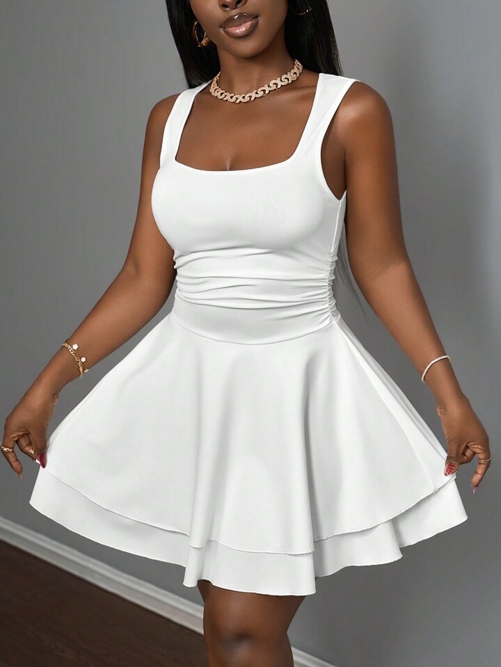 Slaydiva Women's Summer Basic Casual Sweet Square Neck Sleeveless Ruched Flared Short Dress - D,Business Casual Woman