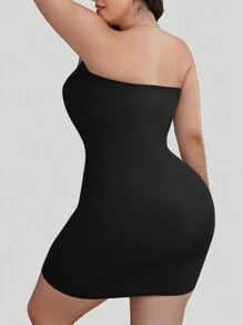 2pcs/Set Plus Size Seamless Solid Color Bandeau Figure-Flattering Casual Dress - Black - View 3