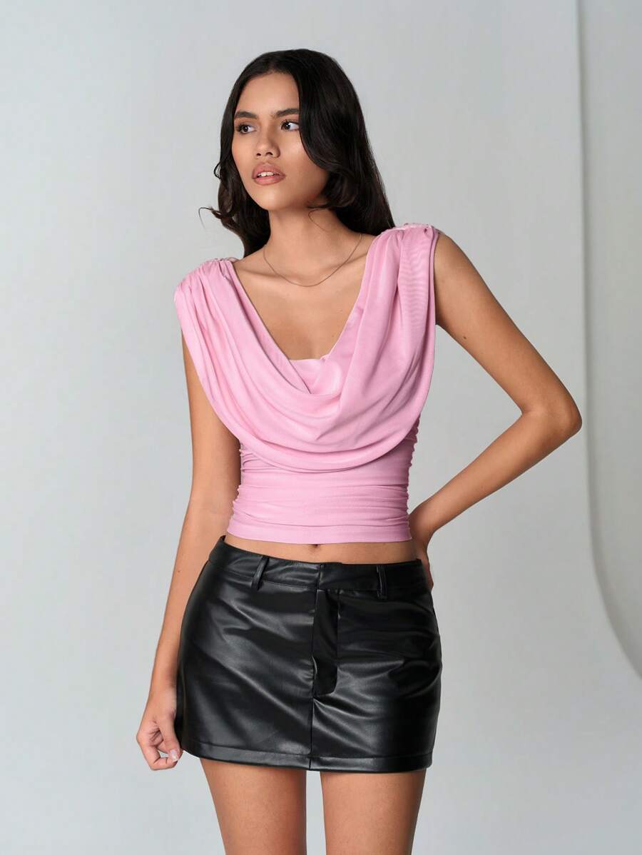 TRNVIE Camisola feminina de cor sólida, franzida, decote drapeado, cropped, versátil - Rosa - Ver 1