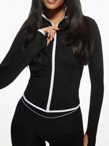 MISSGUIDED Premium Athletic Performance Zip-Up Track Jacket Workout Running Training Top With Contrast Piping Detail Moisture Wicking Fitness Activewear - Black - View 6