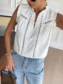 SHEIN Frenchy Blusa francesa de mujer con cuello con muesca, textura a rayas y volantes, para verano, blanca, informal, para boda - Beis - Ver 3