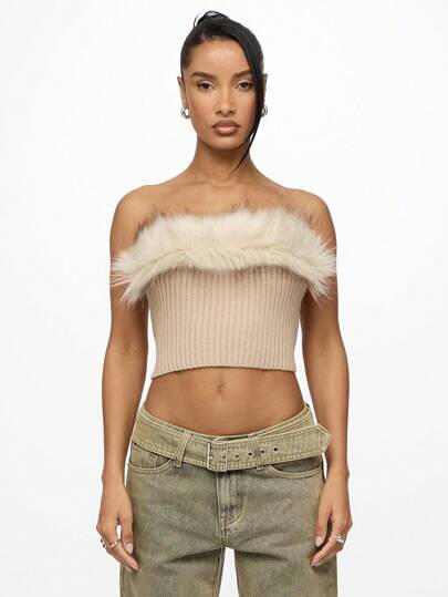 SUMWON WOMEN 奢华仿皮草边罗纹抹胸抹胸露肩短款派对俱乐部晚会冬季时尚毛衣