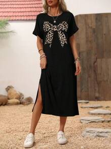 SHEIN LUNE 女士休闲豹纹蝴蝶结开衩下摆短袖中长连衣裙，基本款日常穿着春夏 - 黑色 - 查看 4