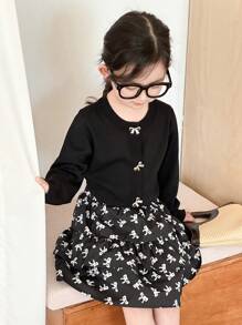 DAZY Young Girl Bow Decor Long Sleeve Top And Mini Skirt, Casual Set - Black - View 1