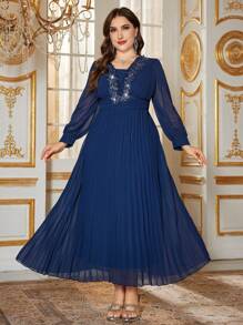 Modelyn Đầm nữ sang trọng thanh lịch cổ dài tay thêu ngọc trai xếp ly cao cấp - Màu xanh hải quân - Xem 6