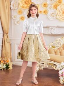 Tween Girls 2 Pieces Set: Satin Puff Sleeve Blouse + Jacquard Mini Skirt - White - View 3