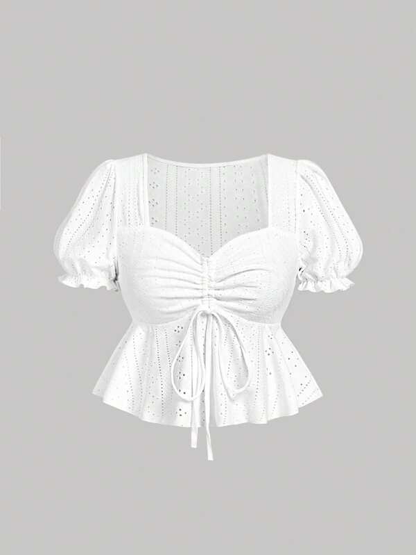 SHEIN MOD Heart Neckline, Puff Sleeve, Cinched Waist, Ruffle Hem, Textured Fabric White T-Shirt, Boho,Concert ,Graduation ,Romantic ,Summer ,Tropical  , Elegant,Vacation ,Flowy ,Ruffle ,Square Neck ,Coquette Outfits Women Top