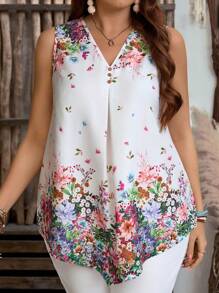 EMERY ROSE Blus Kasual Tanpa Lengan Motif Bunga dengan Kancing Depan untuk Wanita Ukuran Besar, Cocok untuk Musim Panas, Pakaian Gaya Country Western, Atasan Tunik, Bunga, Liburan, Musim Semi - MultiWarna - View 1