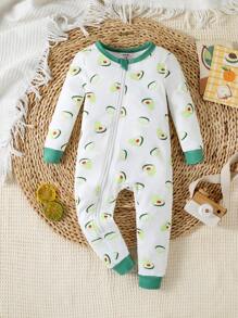 女婴牛油果印花舒适长袖连体衣，连体衣家居服 - 綠色 - 查看 1