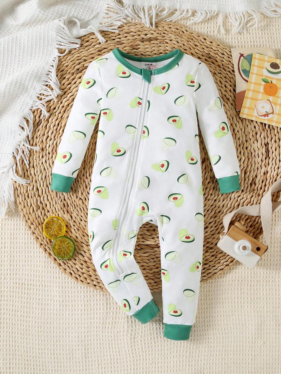 女婴牛油果印花舒适长袖连体衣，连体衣家居服 - 綠色 - 查看 1