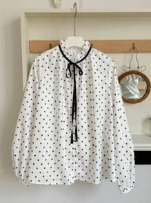 FRIFUL Camisa suelta de mujer con cuello de corbata a lunares, conjunto de primavera para citas y eventos